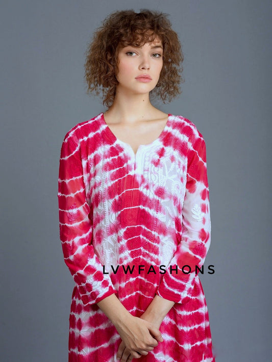 Beautiful pinkish tie-dye georgette long kurta with resham embroidery from LVW Fashion Luxurious Chikankari.