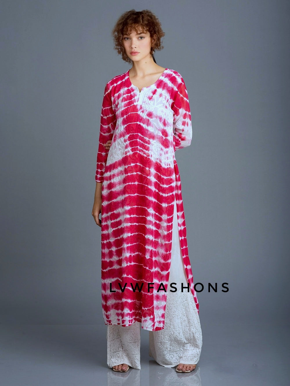 Beautiful pinkish tie-dye premium georgette long kurta with resham embroidery by LVW Fashion Luxurious Chikankari.