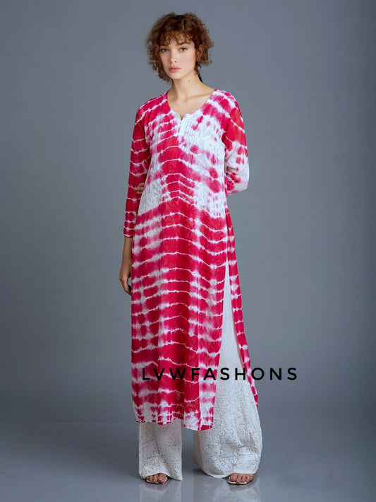 Beautiful pinkish tie-dye premium georgette long kurta with resham embroidery by LVW Fashion Luxurious Chikankari.