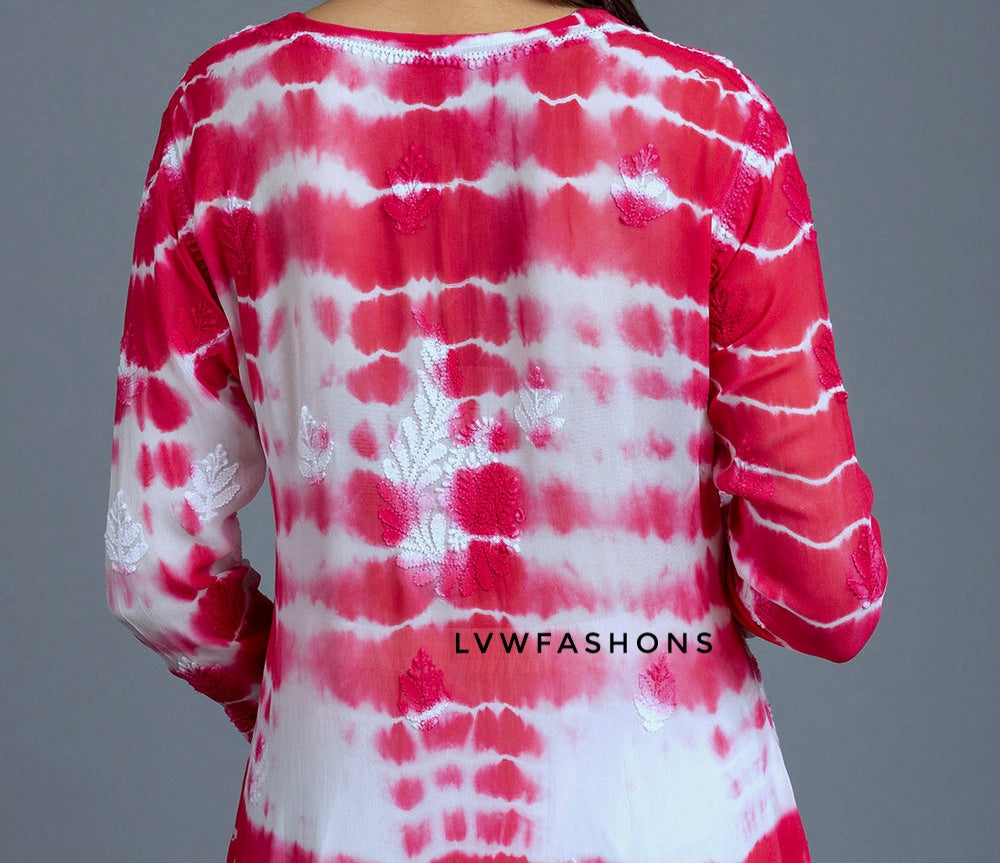 Beautiful pinkish tie-dye premium georgette long kurta with resham embroidery, from LVW Fashion Luxurious Chikankari.