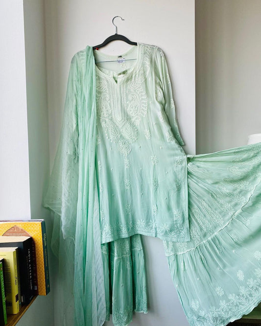 Beautiful premium georgette Gharara set with slip, 3-piece luxury Chikankari by LVW Fashion, featuring intricate embroidery and elegant design.