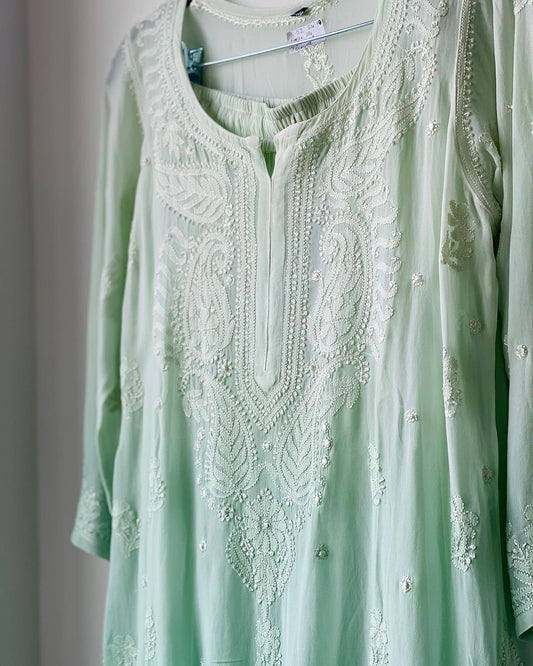 Beautiful premium georgette Gharara set with slip, featuring intricate Chikankari embroidery, from LVW Fashion Luxurious Chikankari.