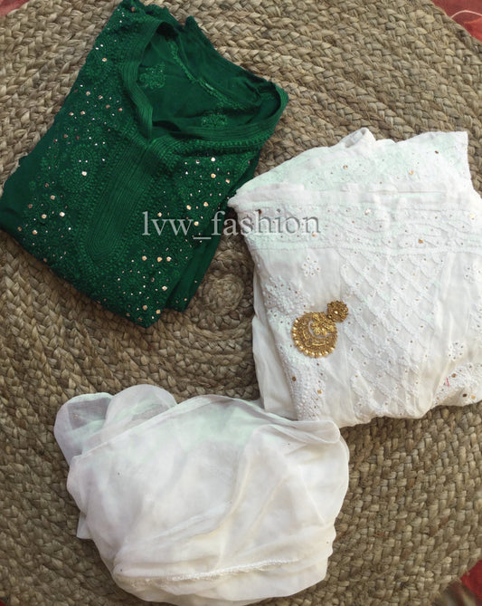 Elegant green and white georgette fabric featuring intricate LVW Fashion Chikankari embroidery, showcasing luxurious craftsmanship.