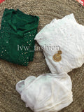 Elegant green and white georgette fabric with intricate LVW Fashion Chikankari embroidery, showcasing luxurious traditional craftsmanship.