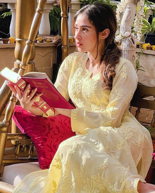 Beautiful lemon yellow Georgette Chikankari Kurta with slip by LVW Fashion, showcasing intricate embroidery and elegant design.