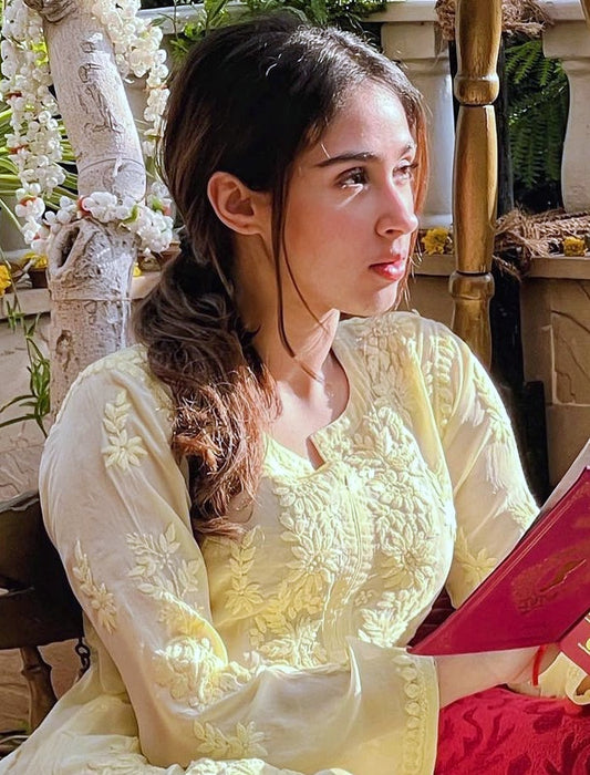 Beautiful lemon yellow Georgette Chikankari Kurta with slip by LVW Fashion, showcasing intricate embroidery and elegant design.
