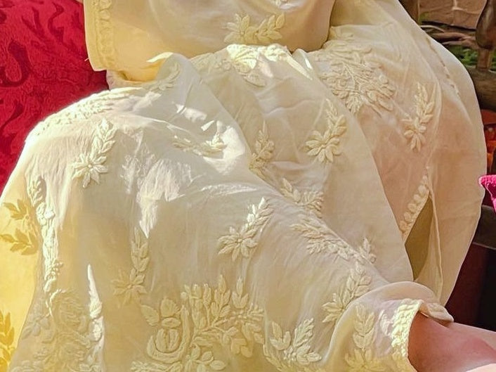 Beautiful lemon yellow Georgette Chikankari Kurta with slip from LVW Fashion, showcasing intricate embroidery and elegant design.