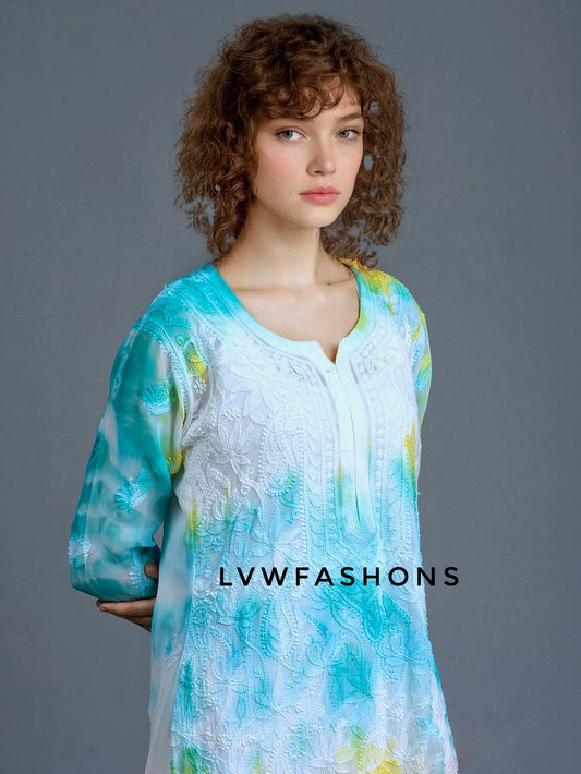 Beautiful premium georgette long kurta with Resham embroidery and slip, by LVW Fashion Luxurious Chikankari.