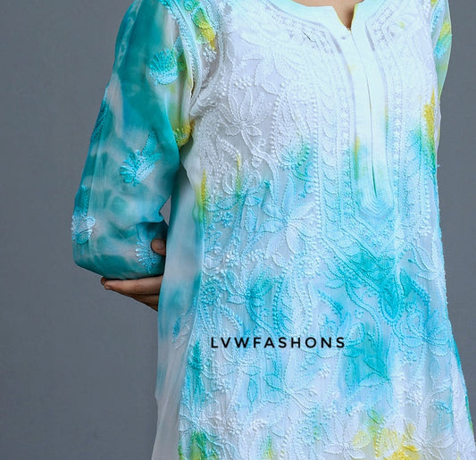 Beautiful premium georgette long kurta with resham embroidery and slip, by LVW Fashion Luxurious Chikankari.