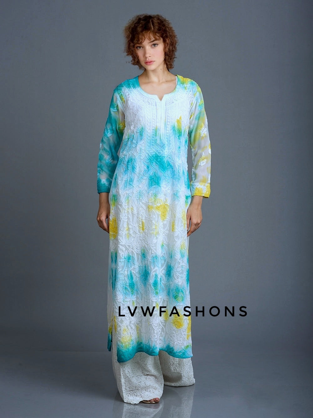 Beautiful premium georgette long kurta with resham embroidery and slip from LVW Fashion Luxurious Chikankari.