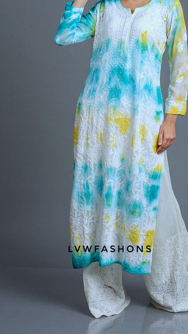 Beautiful premium georgette long kurta with Resham embroidery and slip from LVW Fashion Luxurious Chikankari.
