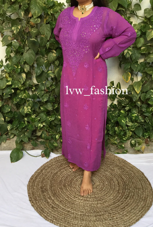 Beautiful purple kurta with intricate chikankari embroidery and mukaish add-on, by LVW Fashion Luxurious Chikankari.
