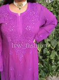 Beautiful purple kurta with intricate chikankari embroidery and mukaish embellishments by LVW Fashion Luxurious Chikankari.