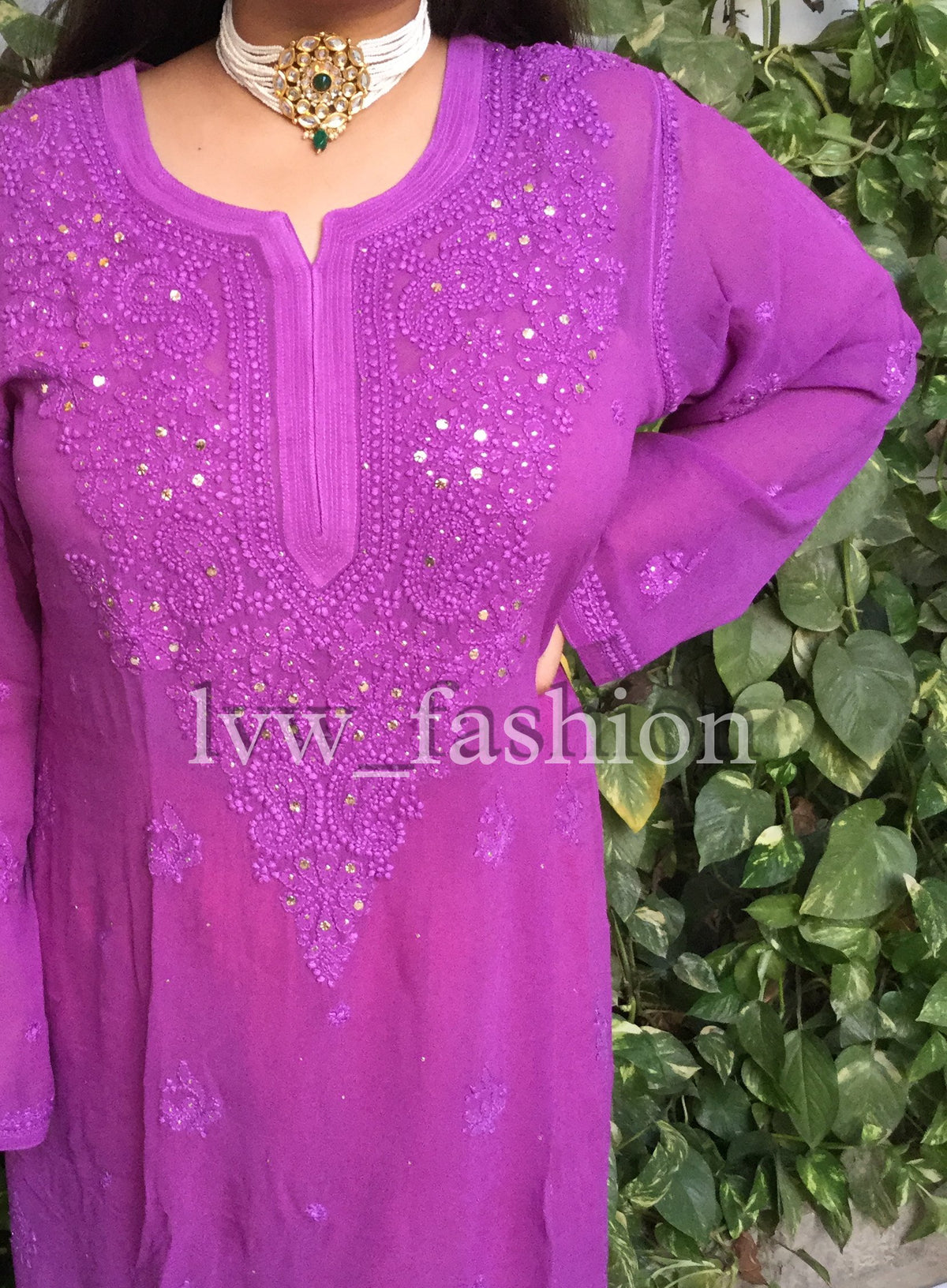 Beautiful purple kurta with intricate chikankari embroidery and mukaish embellishments by LVW Fashion Luxurious Chikankari.