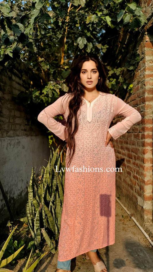 Beautiful Resham embroidery long kurta with silk inner slip, featuring intricate Chikankari work by LVW Fashion.