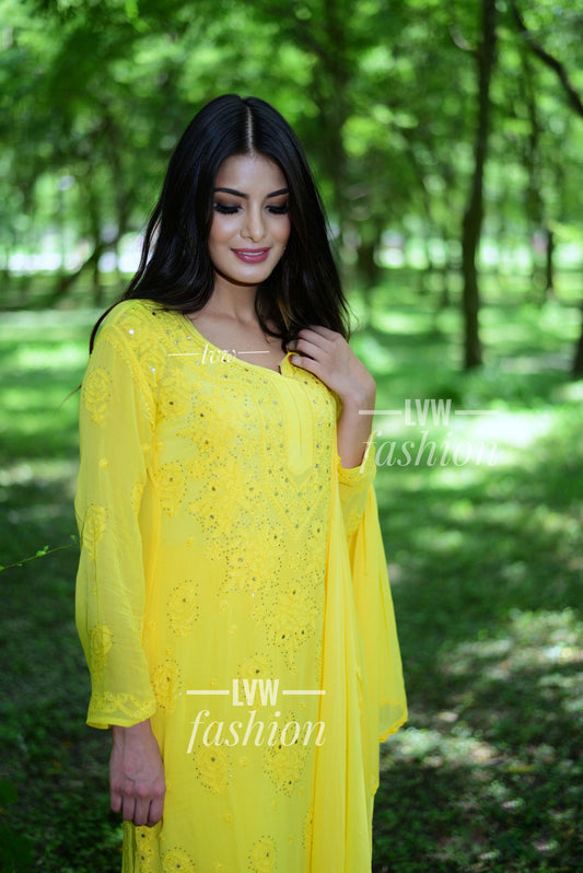 Beautiful yellow Resham embroidery georgette 3-piece set with slip from LVW Fashion Luxurious Chikankari, showcasing intricate craftsmanship.