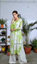 Beautiful white tie-dye Chikankari long kurta with Resham embroidery and silk slip inner by LVW Fashion Luxurious Chikankari.