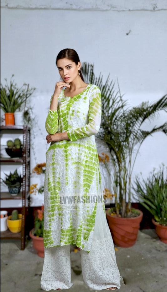 Beautiful white tie-dye Chikankari long kurta with Resham embroidery and silk slip inner by LVW Fashion Luxurious Chikankari.