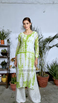 Beautiful LVW Fashion Luxurious Chikankari long kurta with tie-dye white base, resham embroidery, and silk slip inner.