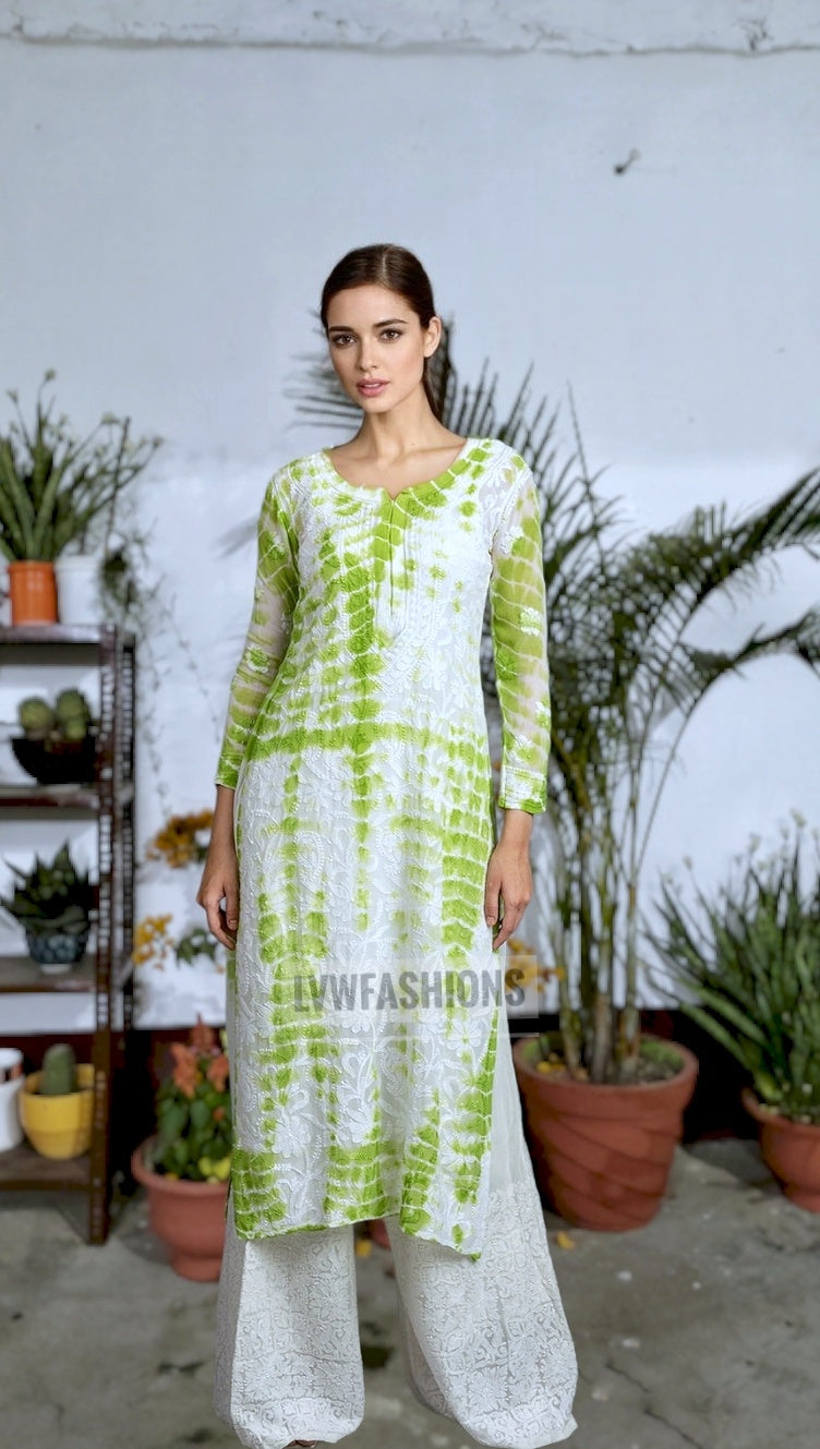 Beautiful LVW Fashion Luxurious Chikankari long kurta with tie-dye white base, resham embroidery, and silk slip inner.