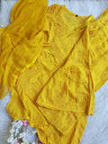 Beautiful turmeric yellow Gharara set by LVW Fashion with intricate Chikankari embroidery, traditional Indian ethnic wear.