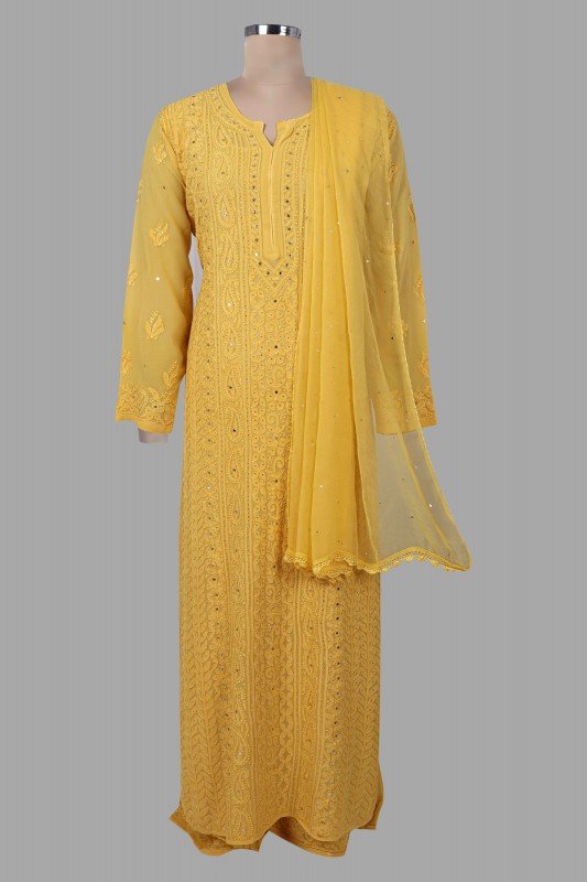 Beautiful yellowish premium georgette 3-piece set by LVW Fashion Luxurious Chikankari, featuring elegant traditional embroidery.