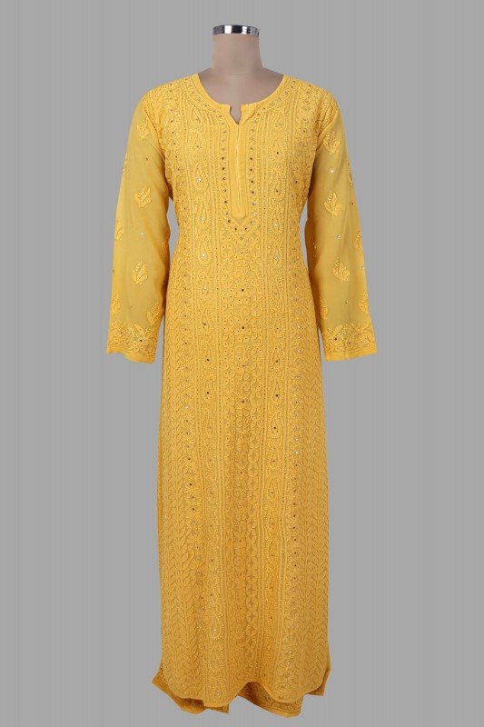 Beautiful yellowish premium georgette 3-piece set by LVW Fashion Luxurious Chikankari, featuring intricate details and elegant design