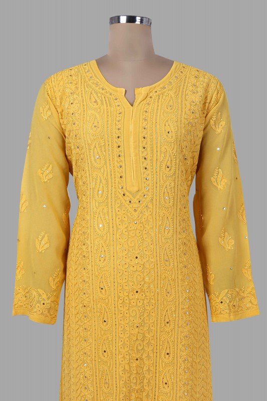 Beautiful yellowish premium georgette 3-piece set by LVW Fashion with intricate chikankari embroidery, perfect for elegant occasions.