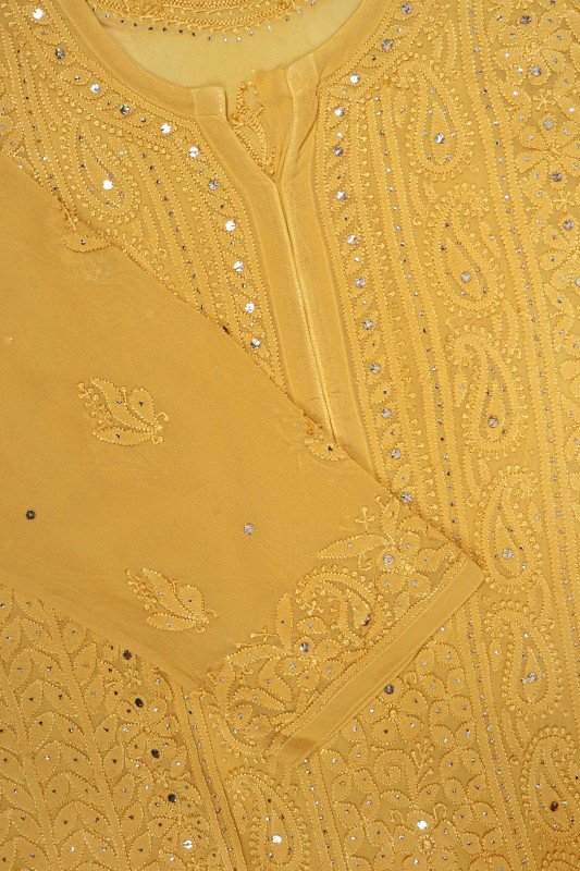 Yellowish premium georgette 3-piece set by LVW Fashion Luxurious Chikankari featuring elegant design and intricate fabric details.