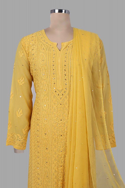 Beautiful yellowish premium georgette 3-piece set by LVW Fashion with intricate chikankari embroidery and elegant design.
