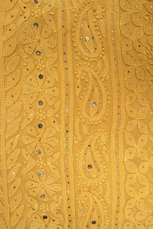 Beautiful yellowish premium georgette 3-piece set by LVW Fashion Luxurious Chikankari, featuring intricate embroidery and elegant design.
