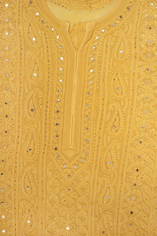 Beautiful yellowish premium georgette 3-piece set with intricate chikankari embroidery by LVW Fashion Luxurious.