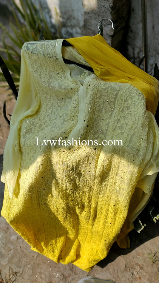 Beautiful yellowish premium georgette 3-piece set with intricate chikankari embroidery by LVW Fashion, showcasing elegant traditional craftsmanship.