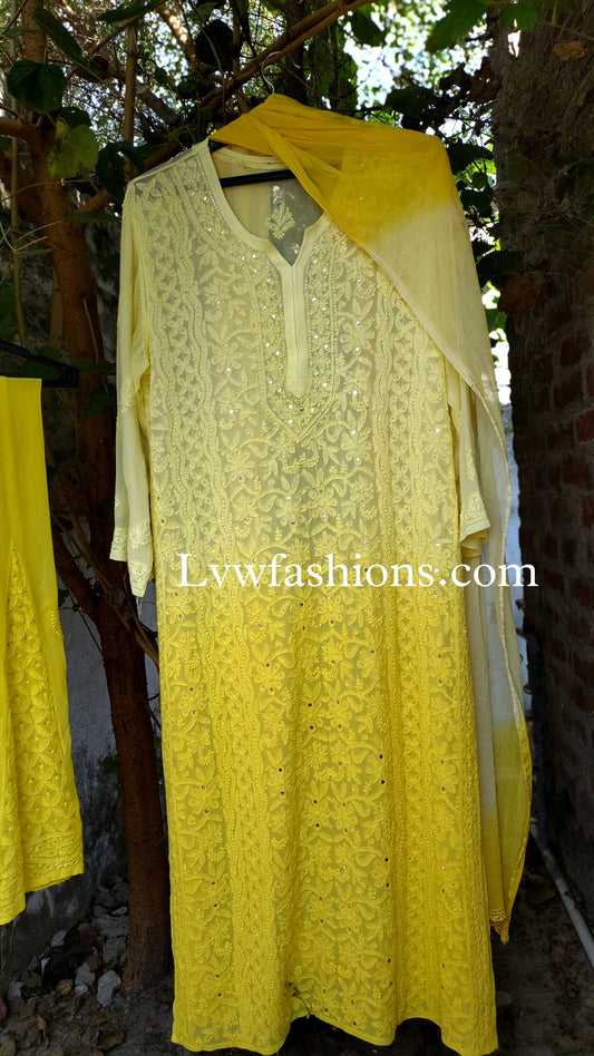 Beautiful yellowish premium georgette 3-piece set by LVW Fashion featuring intricate chikankari embroidery.