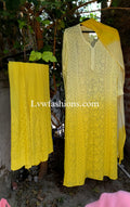 Beautiful yellowish premium georgette 3-piece set by LVW Fashion with intricate chikankari embroidery.