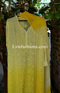 Beautiful yellowish premium georgette 3-piece set by LVW Fashion Luxurious Chikankari, showcasing intricate craftsmanship and elegant design.