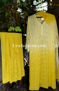 Beautiful yellowish premium georgette 3-piece set by LVW Fashion with intricate chikankari embroidery.
