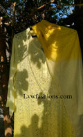 Beautiful yellowish premium georgette 3-piece set with intricate chikankari embroidery, by LVW Fashion Luxurious.
