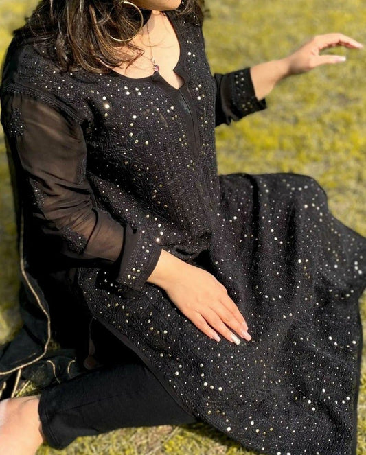 Black Beauty Beautiful Premium Georgette Long Kurta by LVW Fashion with intricate Chikankari embroidery and elegant design.