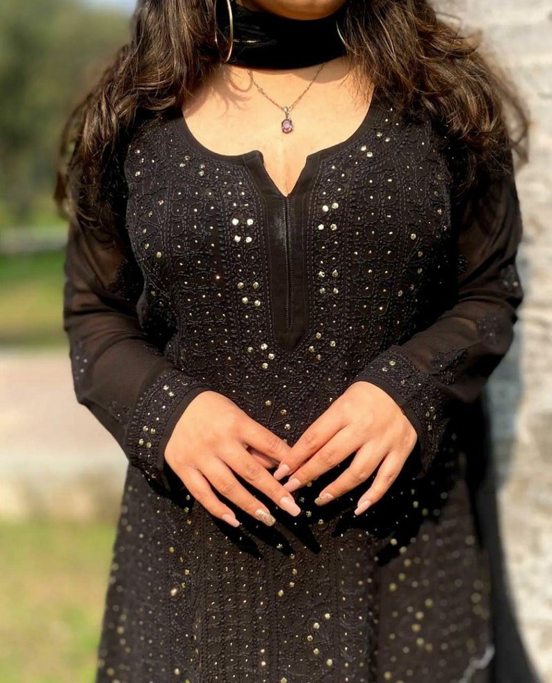 Black Beauty long georgette kurta with intricate chikankari embroidery, designed by LVW Fashion Luxurious Chikankari.