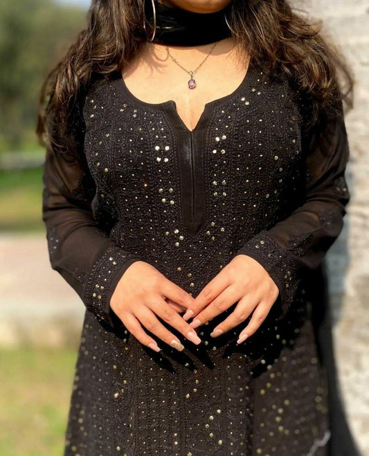Black Beauty Beautiful Premium Georgette Long Kurta with intricate Chikankari embroidery by LVW Fashion.