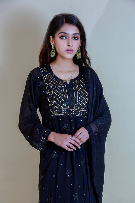 Black and white U&K Naira pattern chikanari kurti and sharara set in premium georgette by LVW Fashion Luxurious Chikankari.