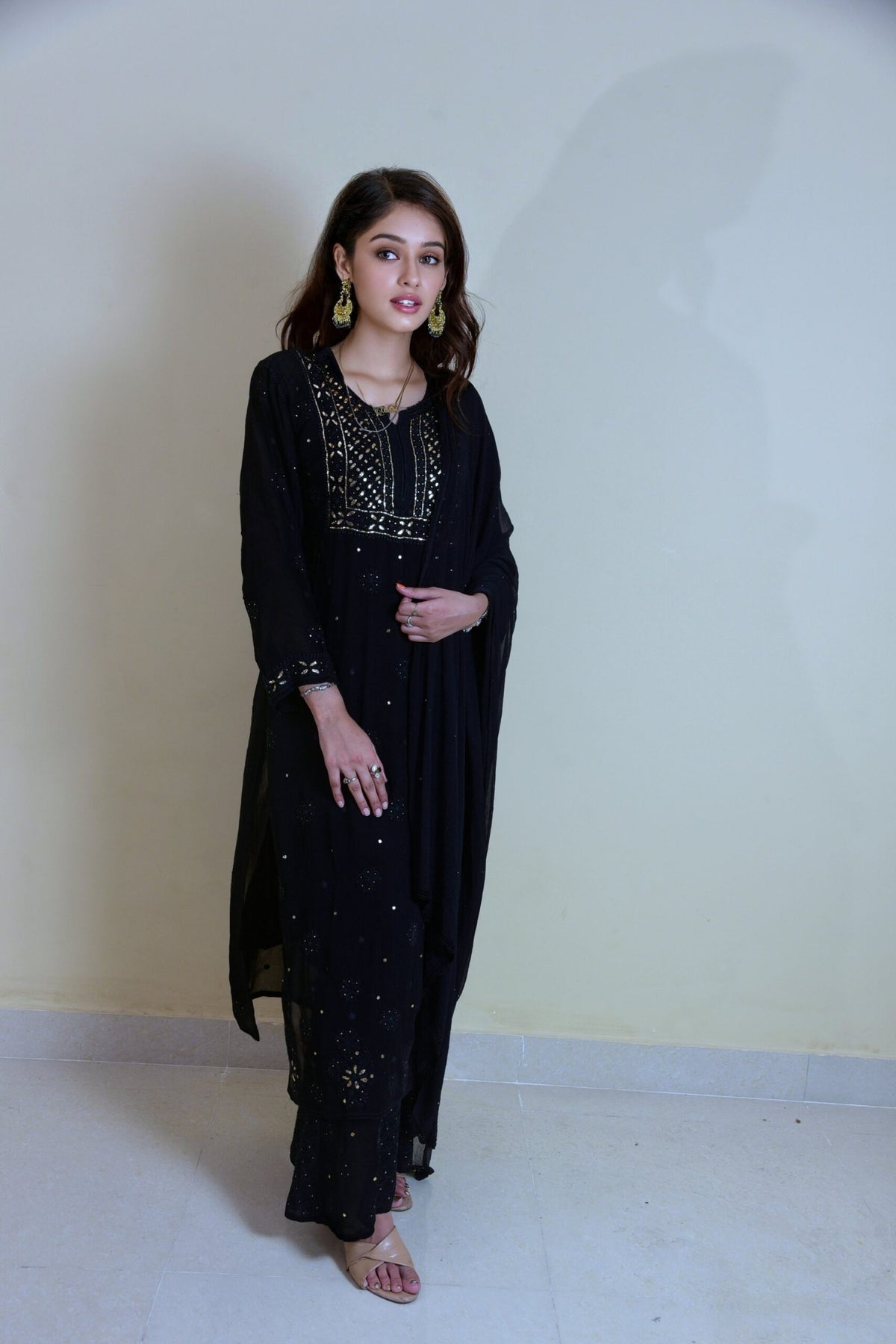 Black and white U&K Naira pattern premium Georgette Kurti and Sharara set with intricate Chikankari from LVW Fashion Luxurious Chikankari collection.