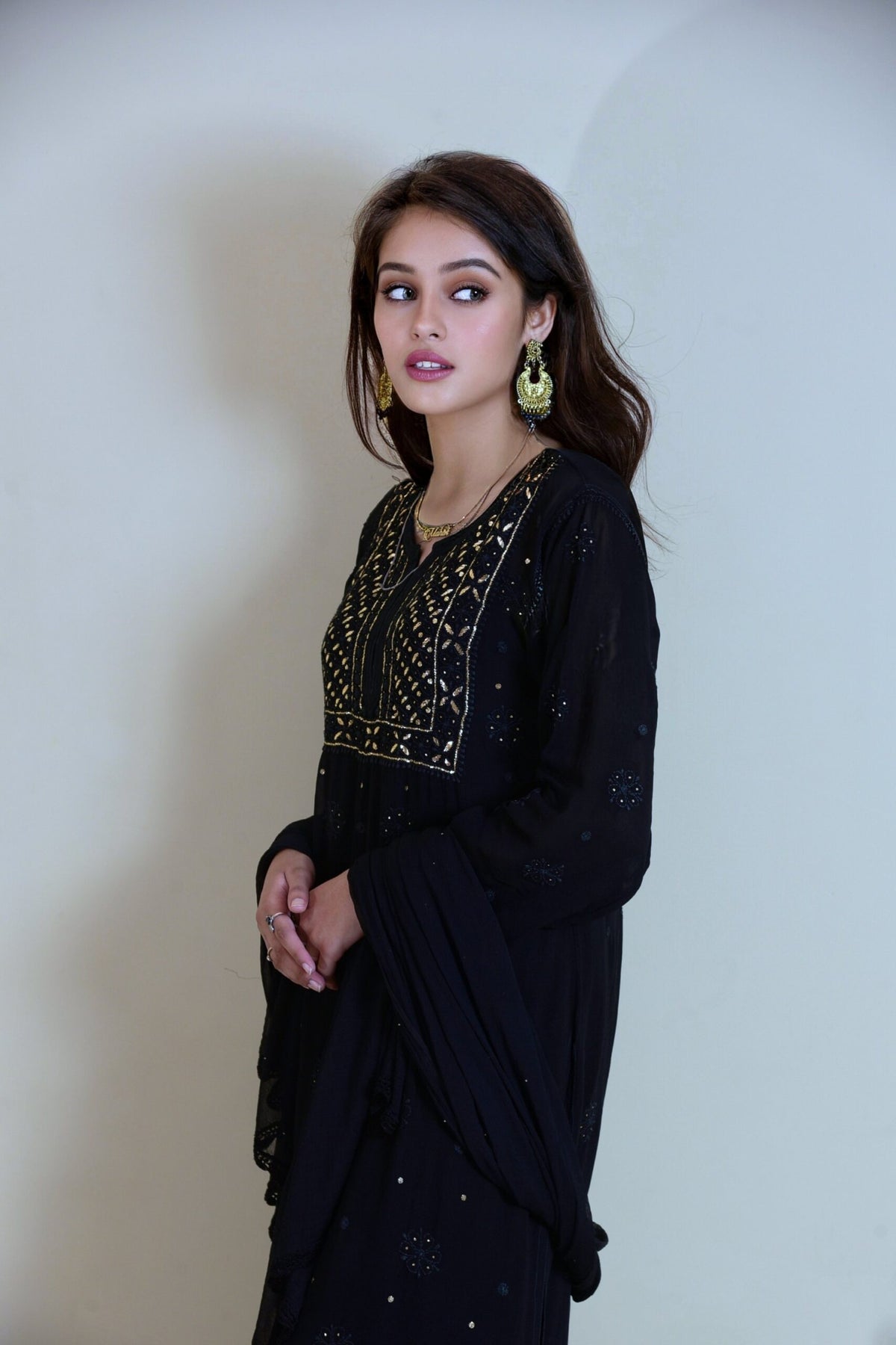U&K Naira black and white chikankari kurti sharara set in premium georgette, featuring intricate embroidery from LVW Fashion Luxurious Chikankari.