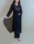 Black and white U&K Naira Pattern Chikankari Kurti and Sharara set in premium georgette, by LVW Fashion Luxurious Chikankari.