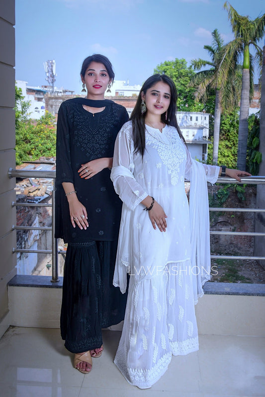Black and white U&K Premium Georgette Gharara Set by LVW Fashion with intricate Chikankari embroidery, styled with traditional elegance.