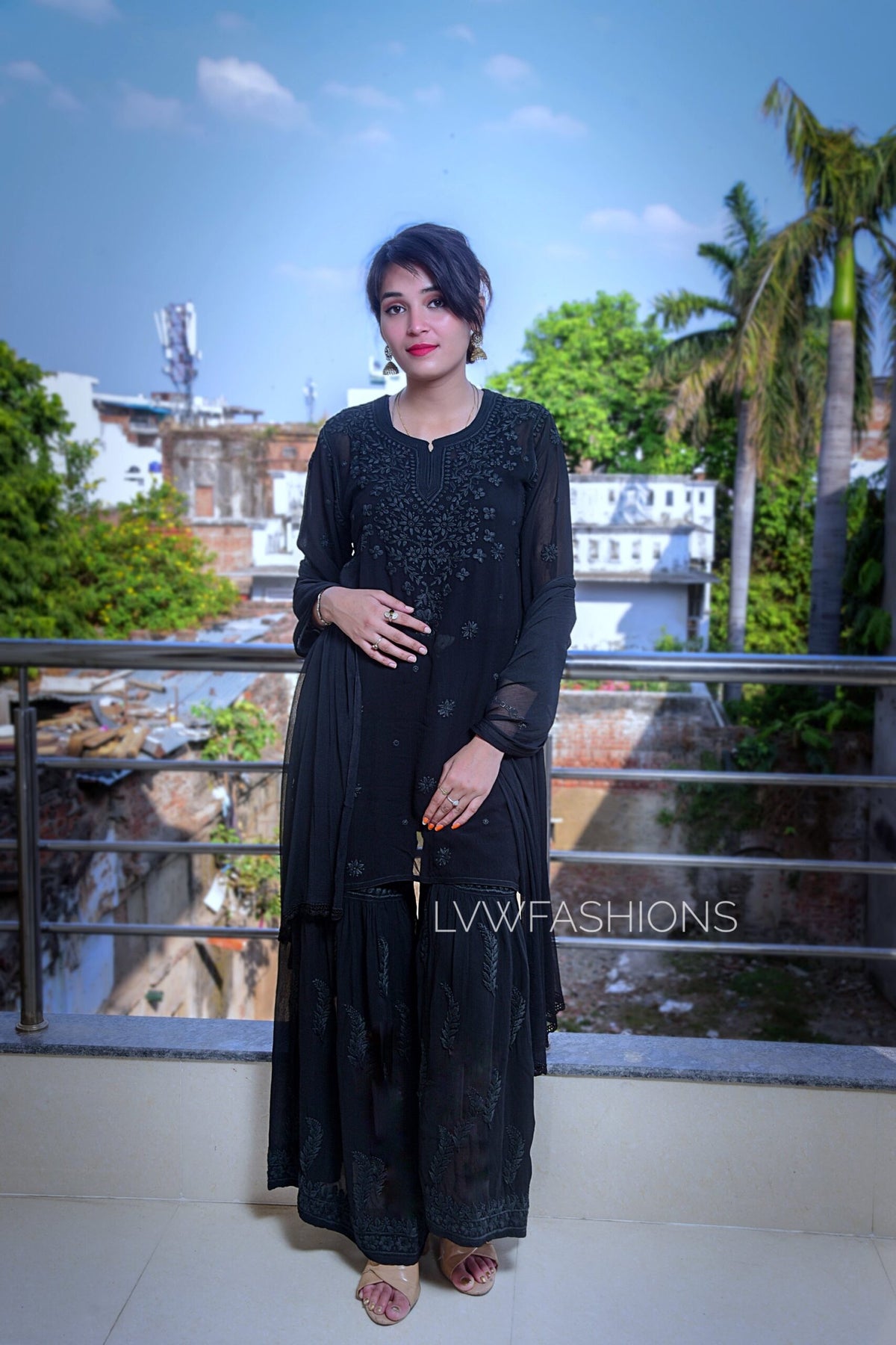Black and white georgette Gharara set by LVW Fashion with intricate chikankari embroidery, featuring the U&K premium design.