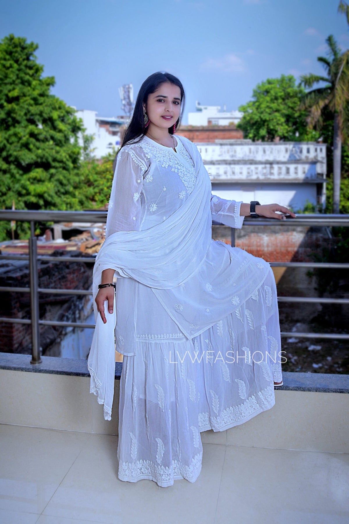 Black and white georgette Gharara set by LVW Fashion with intricate chikankari detailing, featuring a traditional and elegant design.