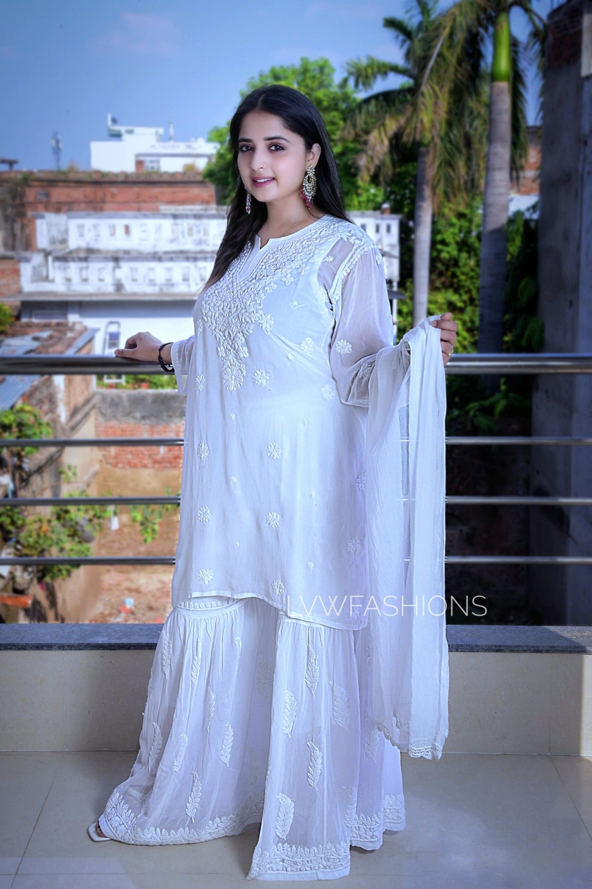Black and white U&K Premium Georgette Gharara Set by LVW Fashion, featuring elegant chikankari embroidery and traditional style.