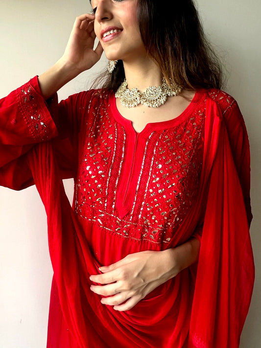 Blood red premium georgette 3-piece set by LVW Fashion featuring intricate chikankari embroidery for a luxurious look.